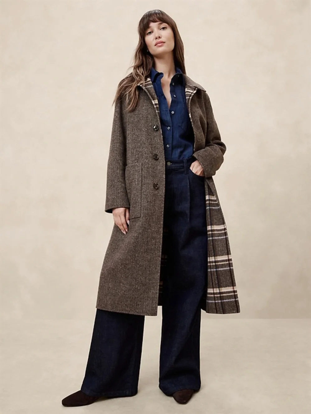 Banana Republic Reversible Wool Blend Long Coat in Brown/Plaid - Picture 1 of 7